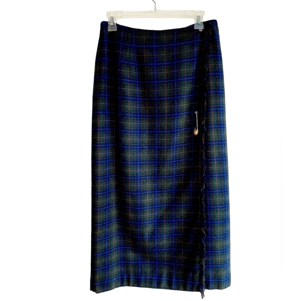 VTG Maxi Wrap Skirt Tartan Plaid Fringe Lined Womens 10 P Wool Blend Blanket EUC